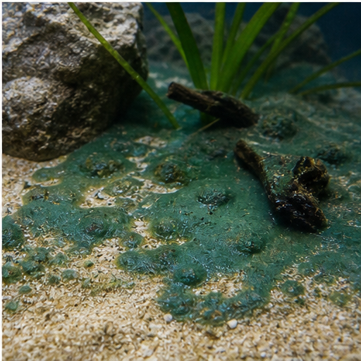 Dépôt bleuté visqueux de cyanobactéries sur le sable
