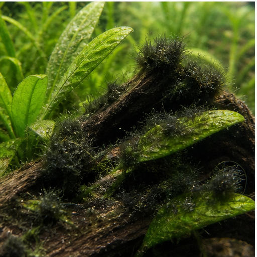 Black beard algae noires sur une racine d'aquarium