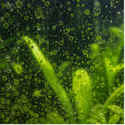 Green algae sur une vitre et des feuilles d'aquarium