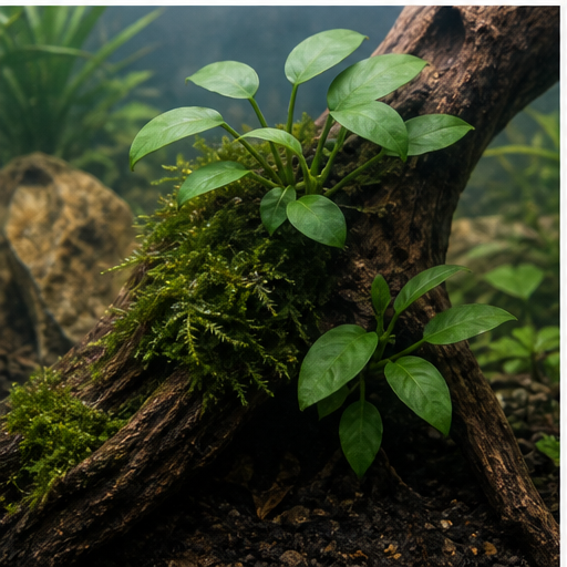 Anubias et mousse fixées sur une racine d'aquarium