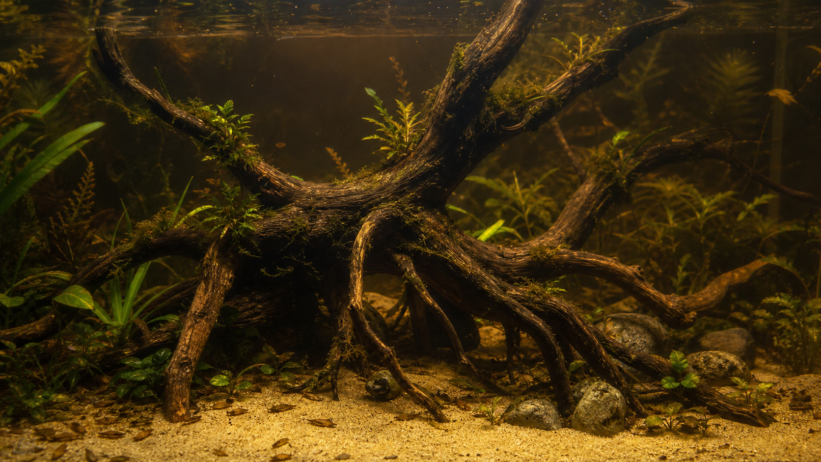 Racine d'aquarium avec tanins et plantes